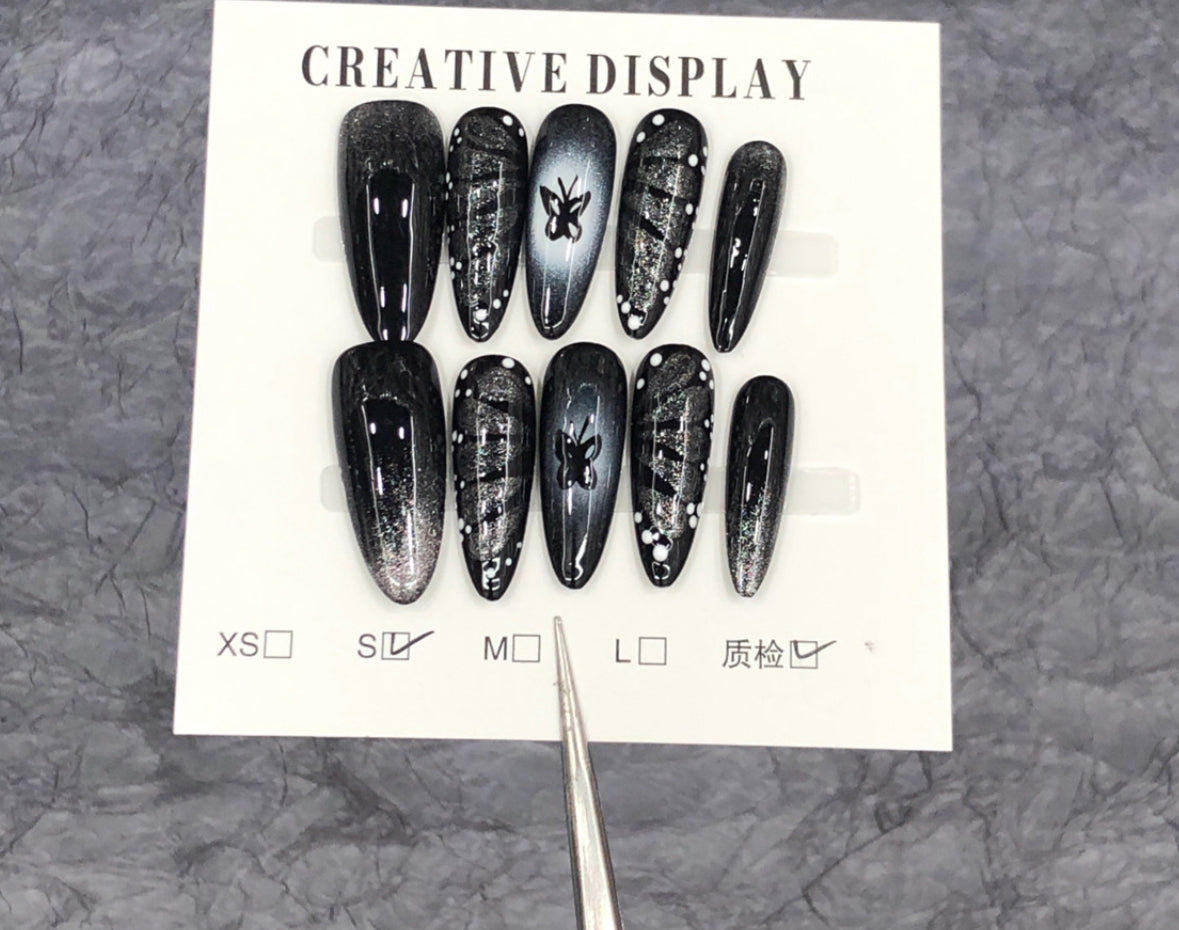 Handmade Press-On Nails - Black Butterfly Gothic Girl