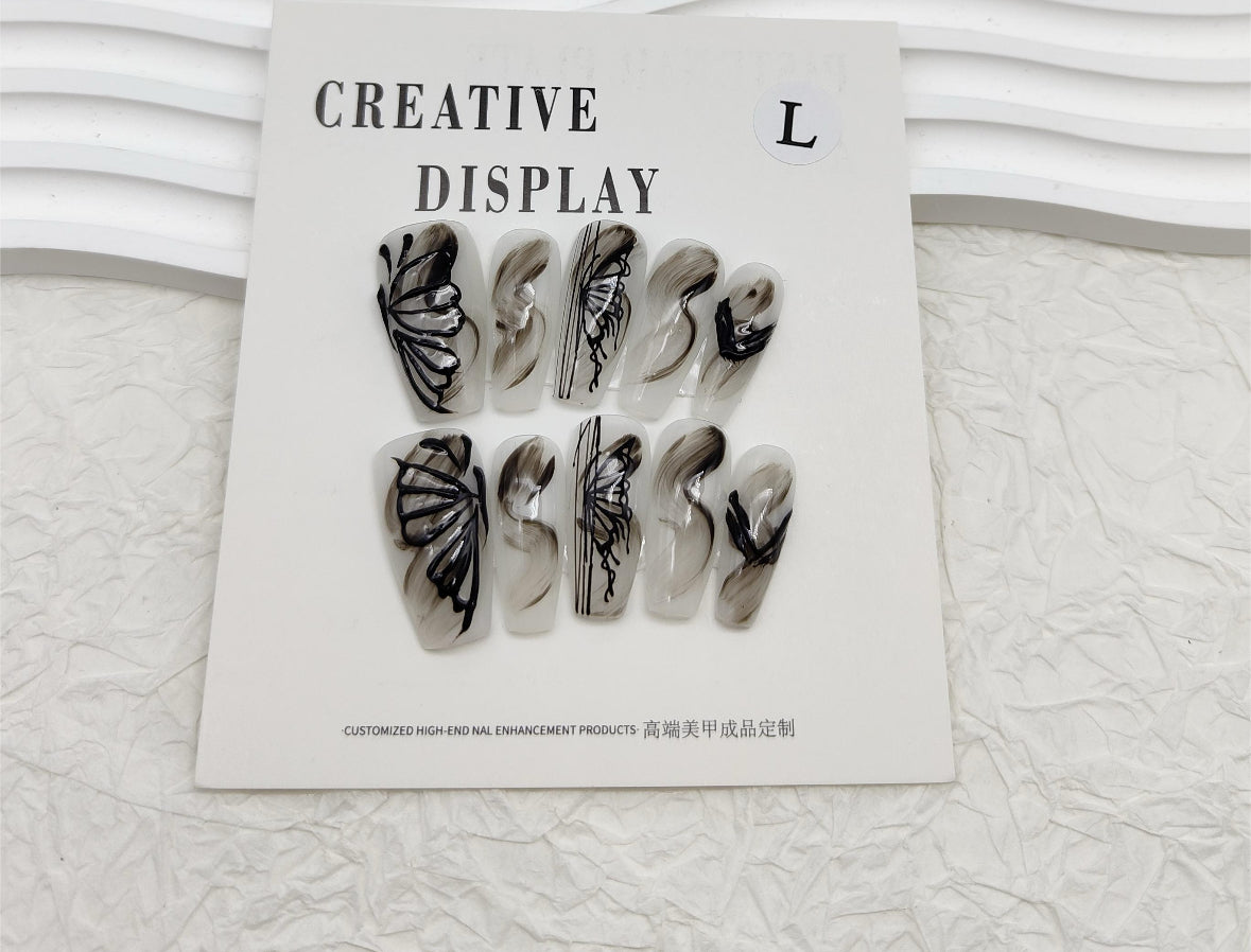 Handmade Ink Butterfly Chinese Style Press-On Nails
