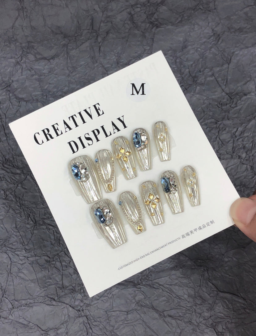 Silver Premium Pearl-Blue Diamond Handmade press on nails