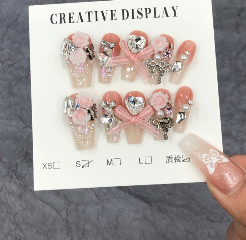 Rose Tassel Handmade press on Nails