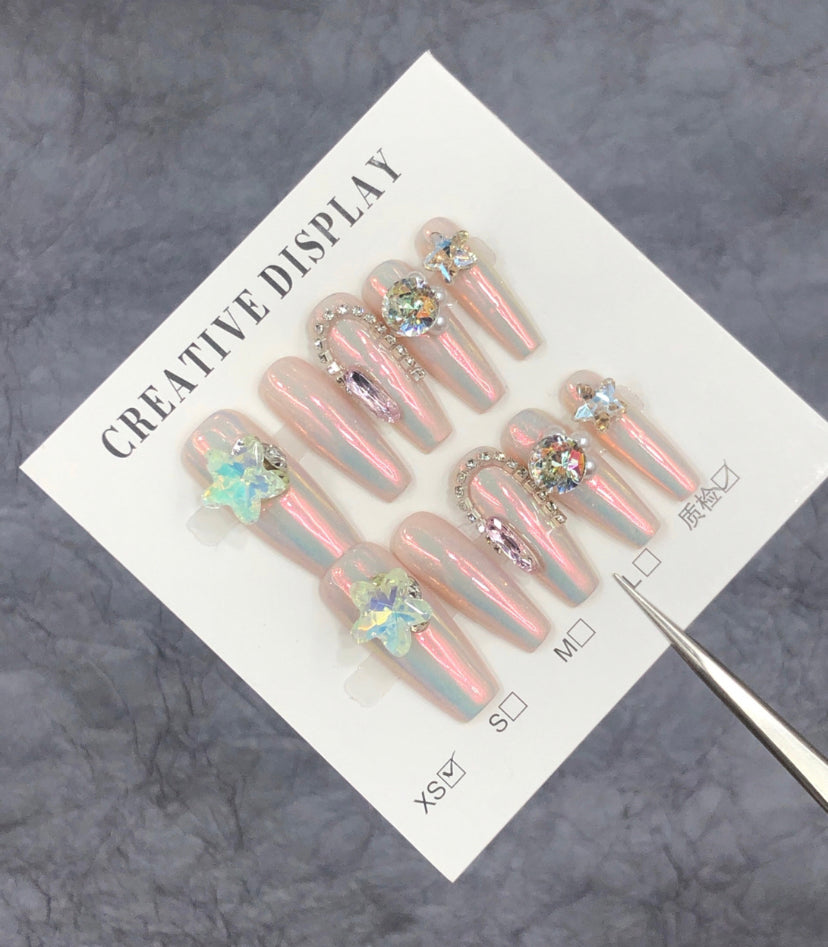 Handmade Pearlescent Sparkling Starry Rhinestone Press-On Nails