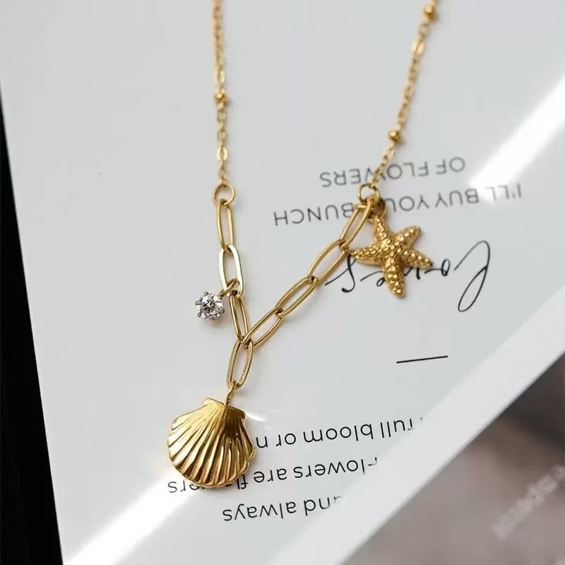 Stainless Steel Shell & Starfish Choker Necklace – Non-Tarnish Summer Jewelry