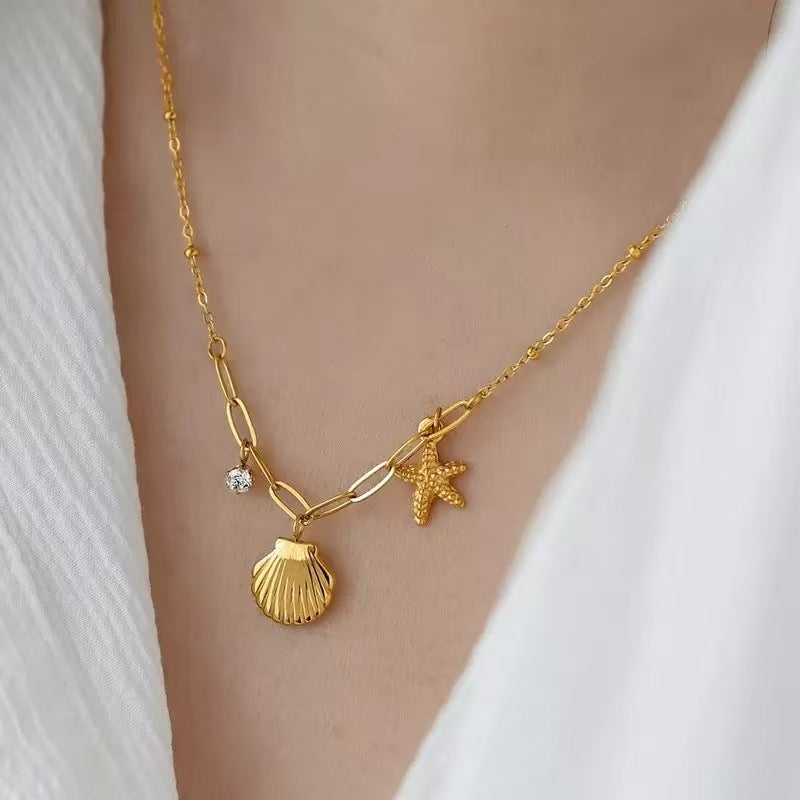 Stainless Steel Shell & Starfish Choker Necklace – Non-Tarnish Summer Jewelry