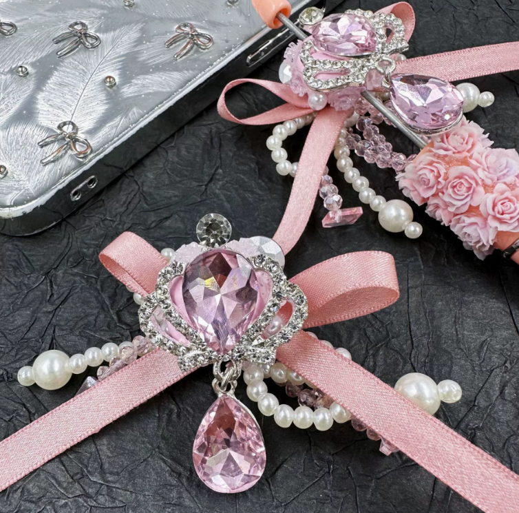 Pink Fabric Bow Crown with Rhinestones - DIY Jewelry Beads
