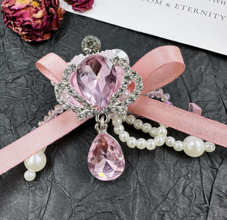 Pink Fabric Bow Crown with Rhinestones - DIY Jewelry Beads