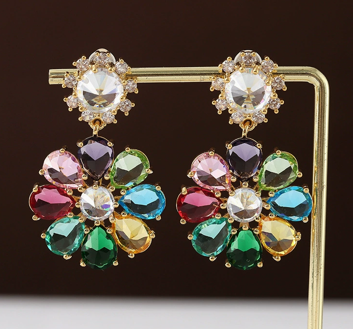 Luxury Copper Zircon Earrings | Elegant French Full-Pave Drop Earrings | Colorful Gem-Studded Jewelry