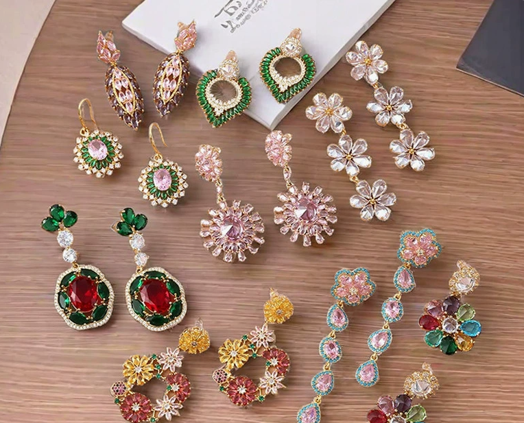 Luxury Copper Zircon Earrings | Elegant French Full-Pave Drop Earrings | Colorful Gem-Studded Jewelry