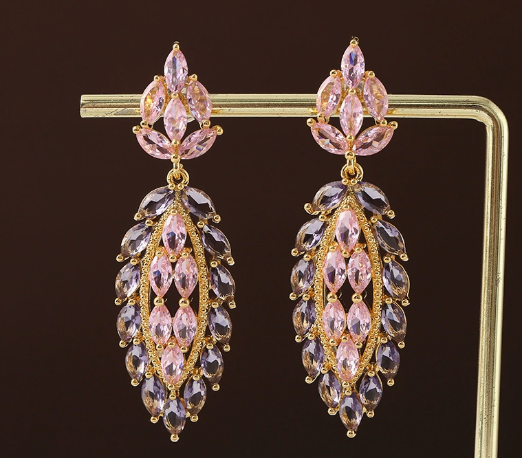 Luxury Copper Zircon Earrings | Elegant French Full-Pave Drop Earrings | Colorful Gem-Studded Jewelry