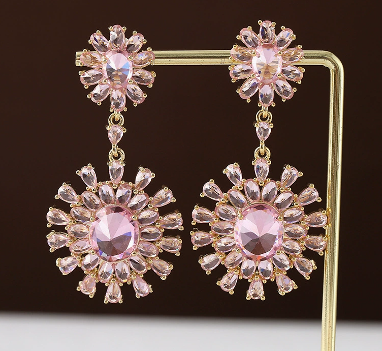 Luxury Copper Zircon Earrings | Elegant French Full-Pave Drop Earrings | Colorful Gem-Studded Jewelry