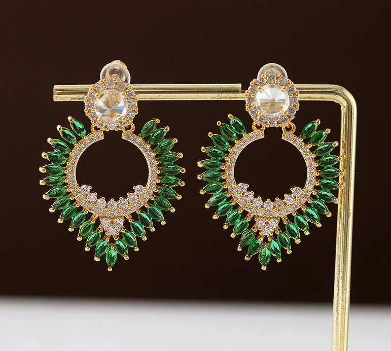 Luxury Copper Zircon Earrings | Elegant French Full-Pave Drop Earrings | Colorful Gem-Studded Jewelry