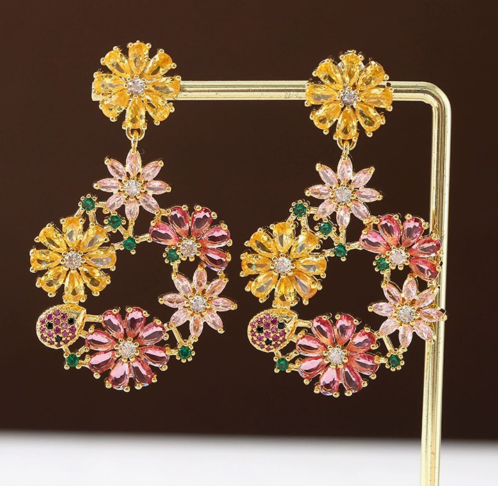 Luxury Copper Zircon Earrings | Elegant French Full-Pave Drop Earrings | Colorful Gem-Studded Jewelry