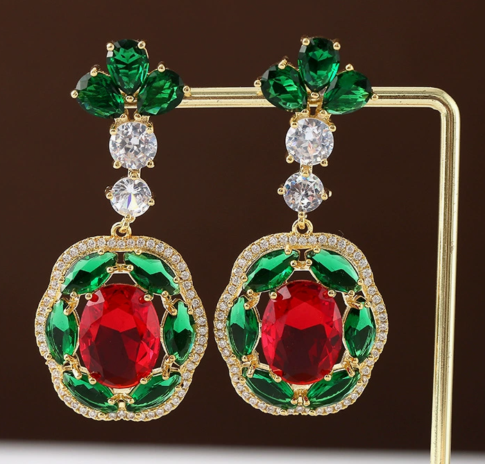 Luxury Copper Zircon Earrings | Elegant French Full-Pave Drop Earrings | Colorful Gem-Studded Jewelry