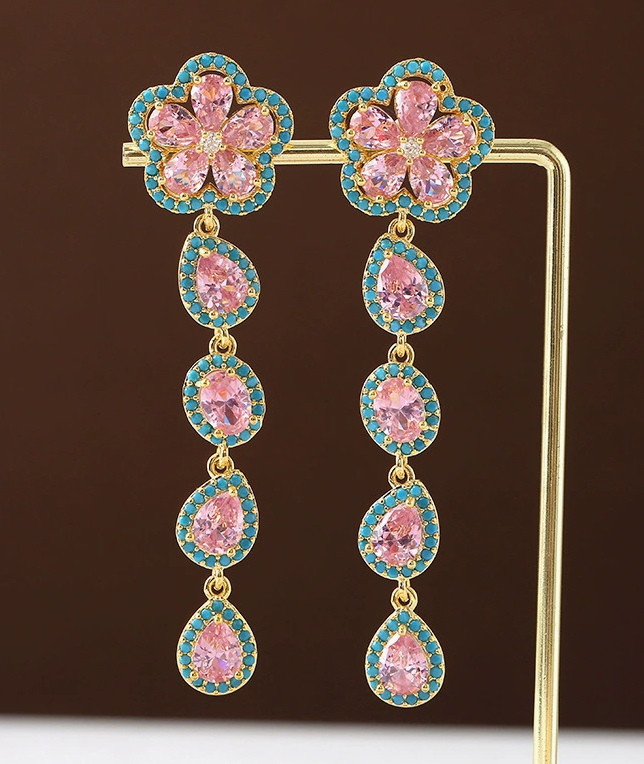Luxury Copper Zircon Earrings | Elegant French Full-Pave Drop Earrings | Colorful Gem-Studded Jewelry