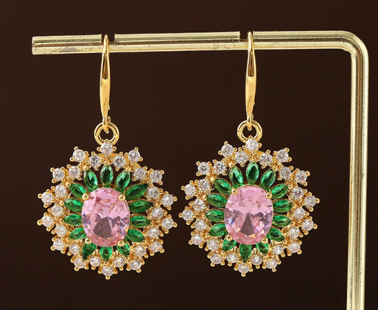 Luxury Copper Zircon Earrings | Elegant French Full-Pave Drop Earrings | Colorful Gem-Studded Jewelry