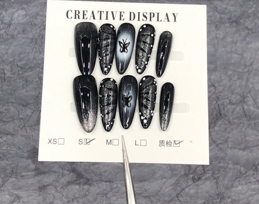 Handmade Press-On Nails - Black Butterfly Gothic Girl