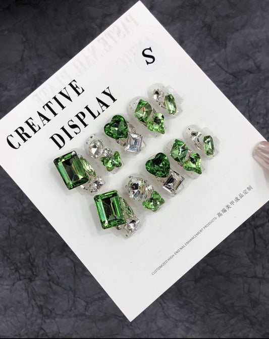 Handmade Green Fresh Full Rhinestone Press-On Nails