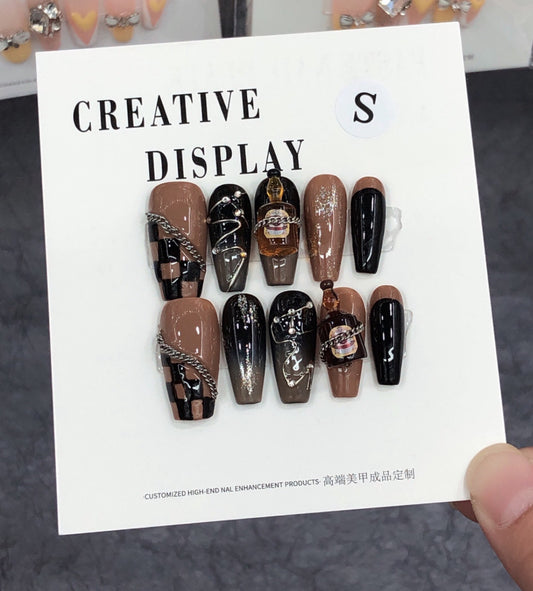 Brown Beer-Inspired Handmade Wearable Nails
