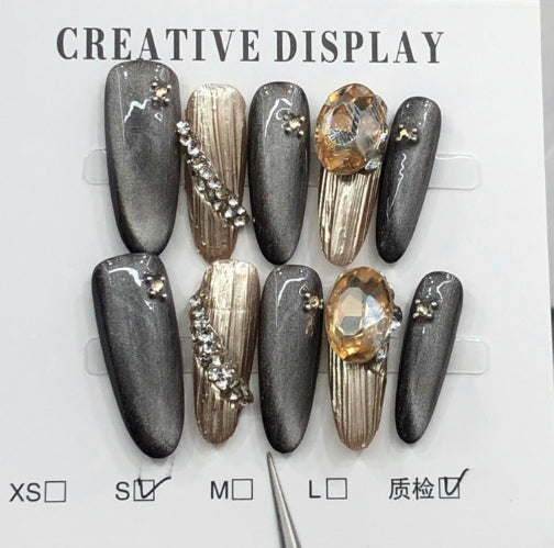 Champagne Gold & Brown Cat Eye Sparkling Handmade Press-On Nails