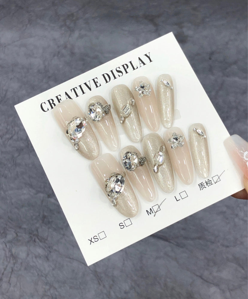Ice-Translucent Silver Glitter Cat Eye Handmade Press-On Nails