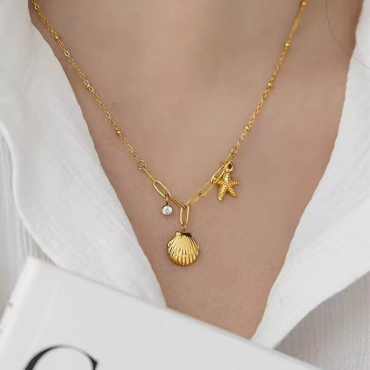Stainless Steel Shell & Starfish Choker Necklace – Non-Tarnish Summer Jewelry